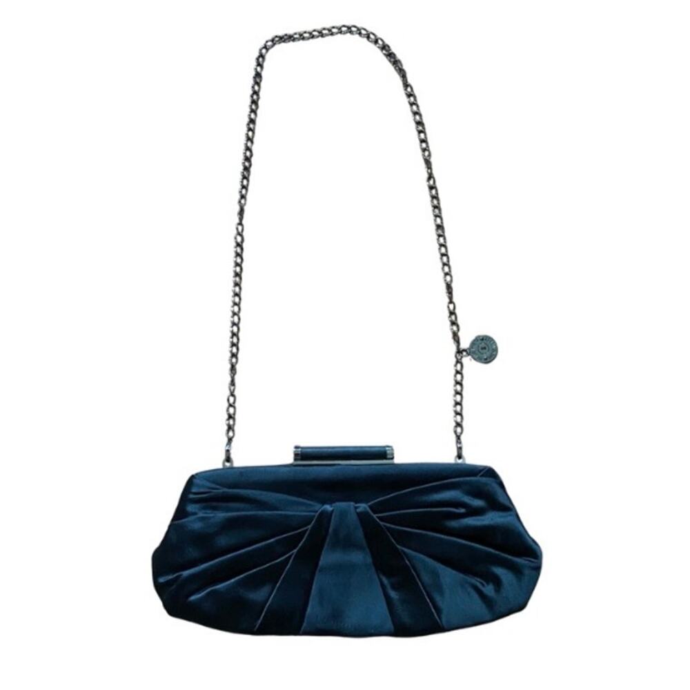 Y2K Cheetah Print Lined Pleated Black Satin Clutch w/ Silver Chain Strap